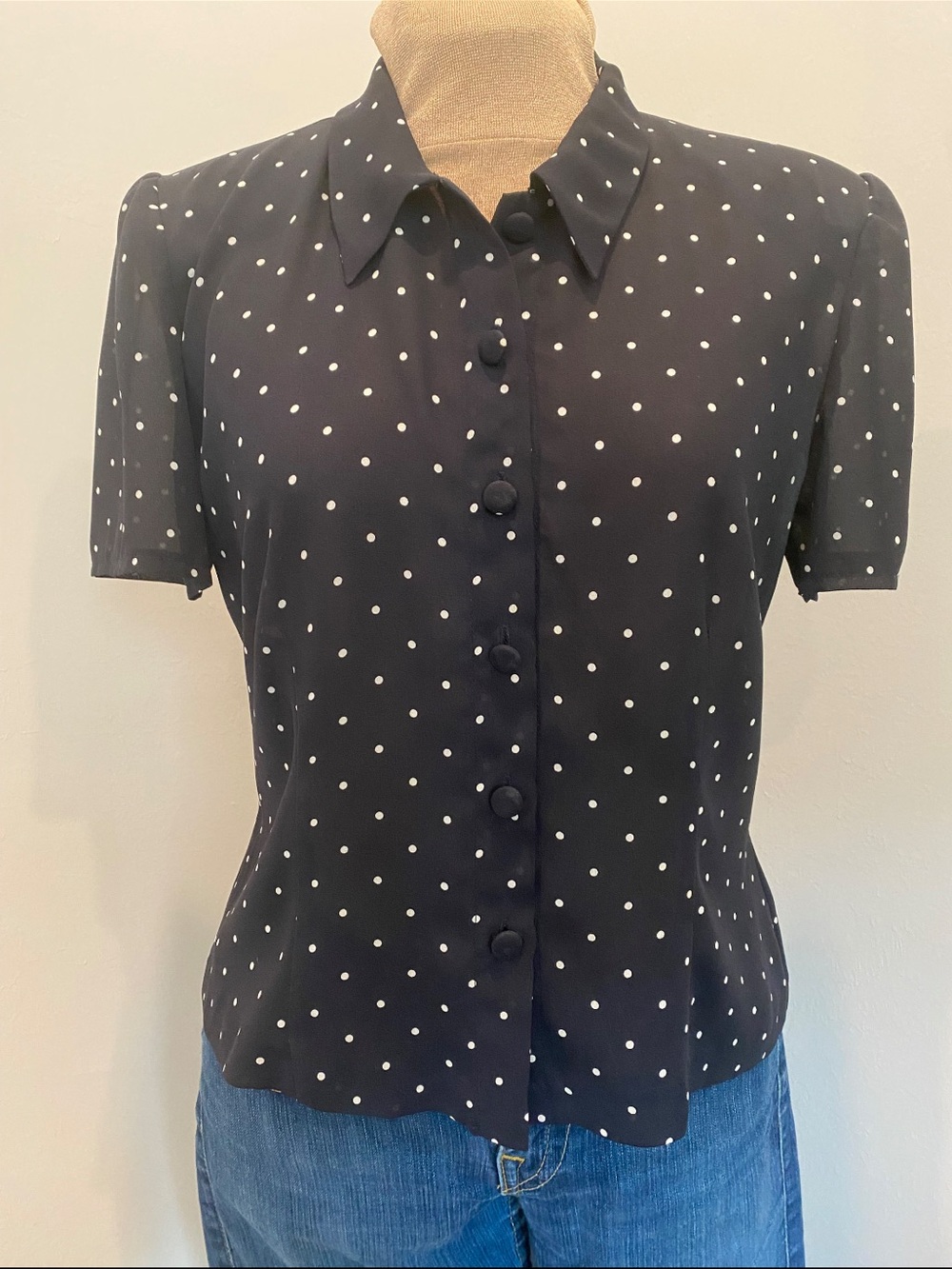 Adorable Sheer Summer Navy Polka Dot Short-Sleeve Button-Down Top w/ Peplum. 14.